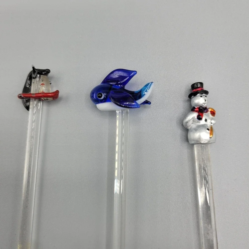 Glass Stirrer Sticks Set Of 7 Decorative Tops  Penguin Fish Snowman Star Cactus